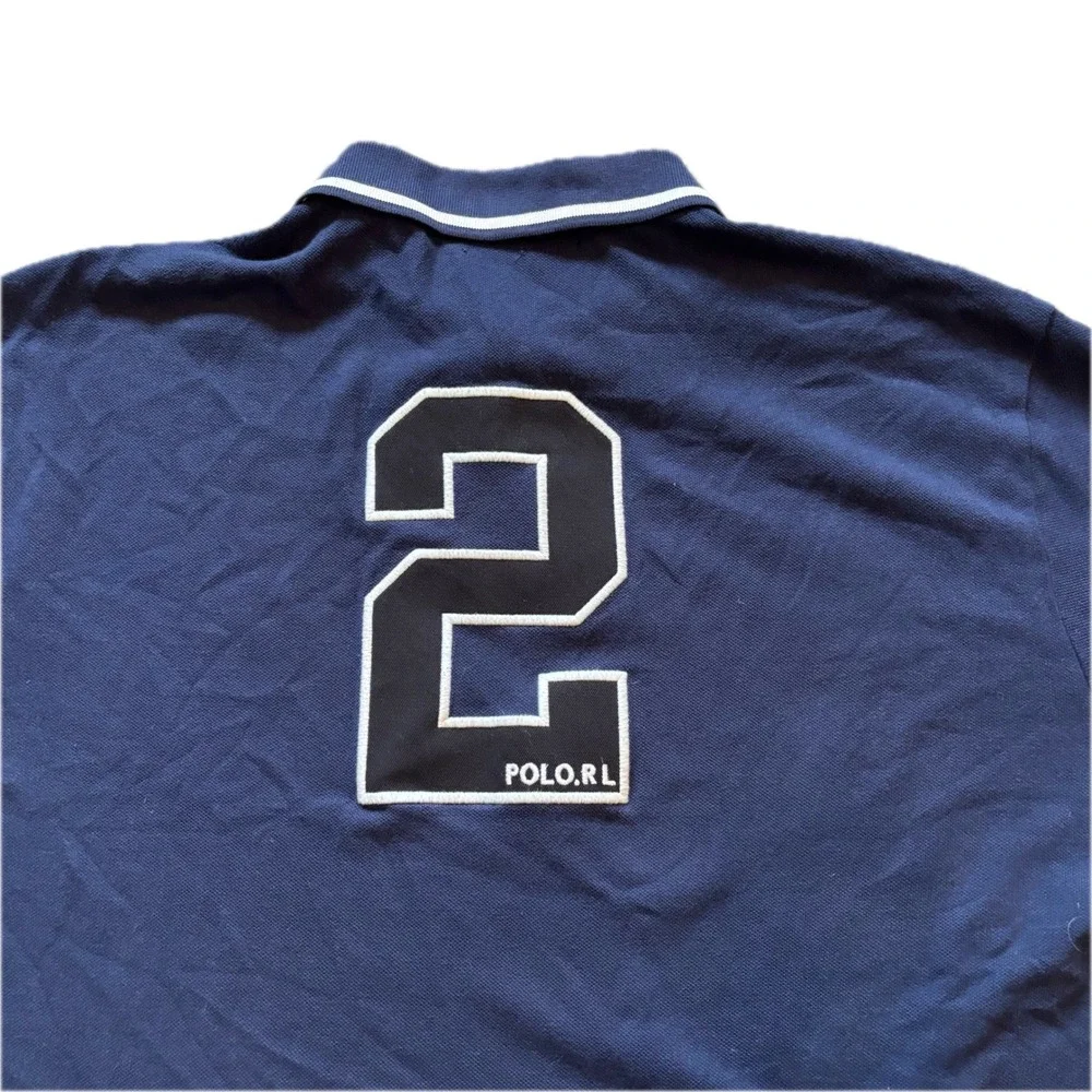 Polo Ralph Lauren Mens XXL Custom Slim Fit Navy Blue Polo Shirt Number 2 Graphic